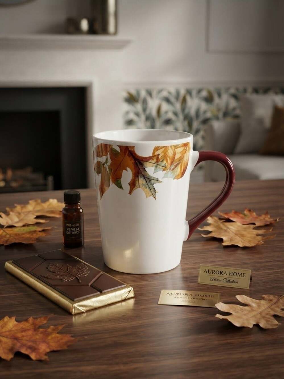 Aurora Home Artisan Collection Fall Leaf Ceramic Coffee Mug with Burgundy Handle